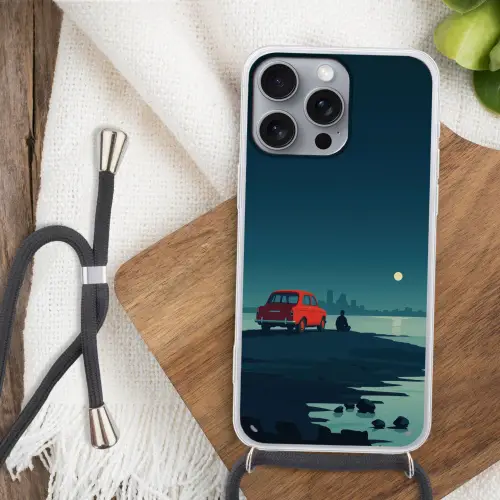 Auto - Volle maan - Uitkijkend over water Hoesje iPhone 16 Pro Max met koord klein -sfeer4