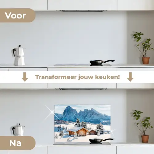 Winter - Huisje - Bergen - Uitzicht - Sneeuw keuken achterwand spatscherm klein -voor_na_NL