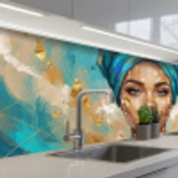 Portret - Vrouw - Schilderij - Blauw - Goud - Expressief keuken achterwand 2 middel -3d_schuin