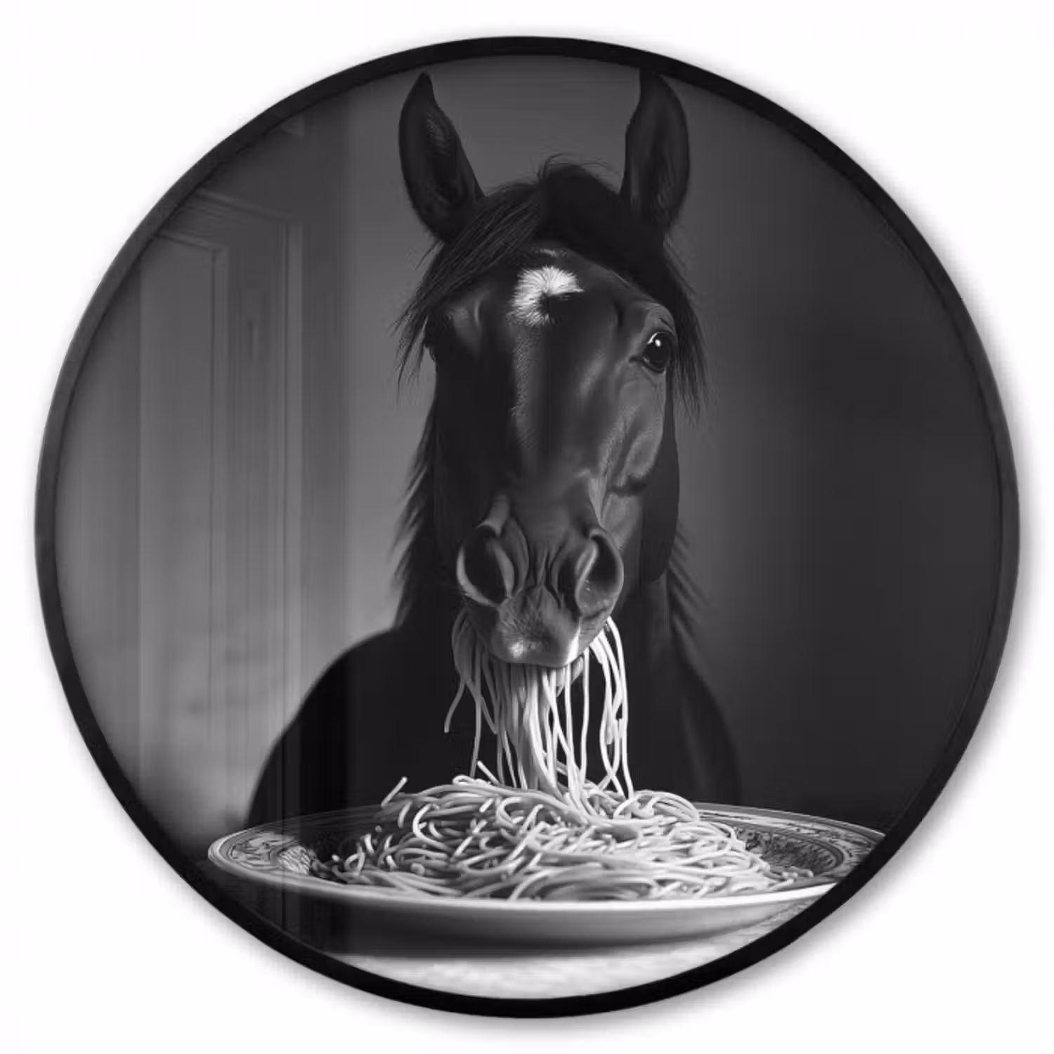 Poster im rahmen rund - Pferd - Teller - Pasta - Tischtuch - Schwarz und weiß - Tiere