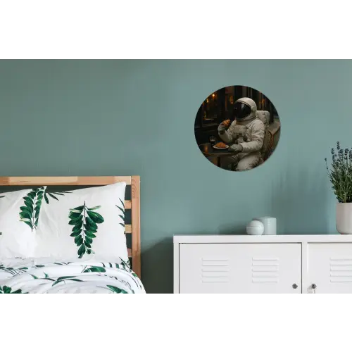 Café - Croissant - Koffie - Astronaut Wandcirkel aluminium klein -slaapkamer