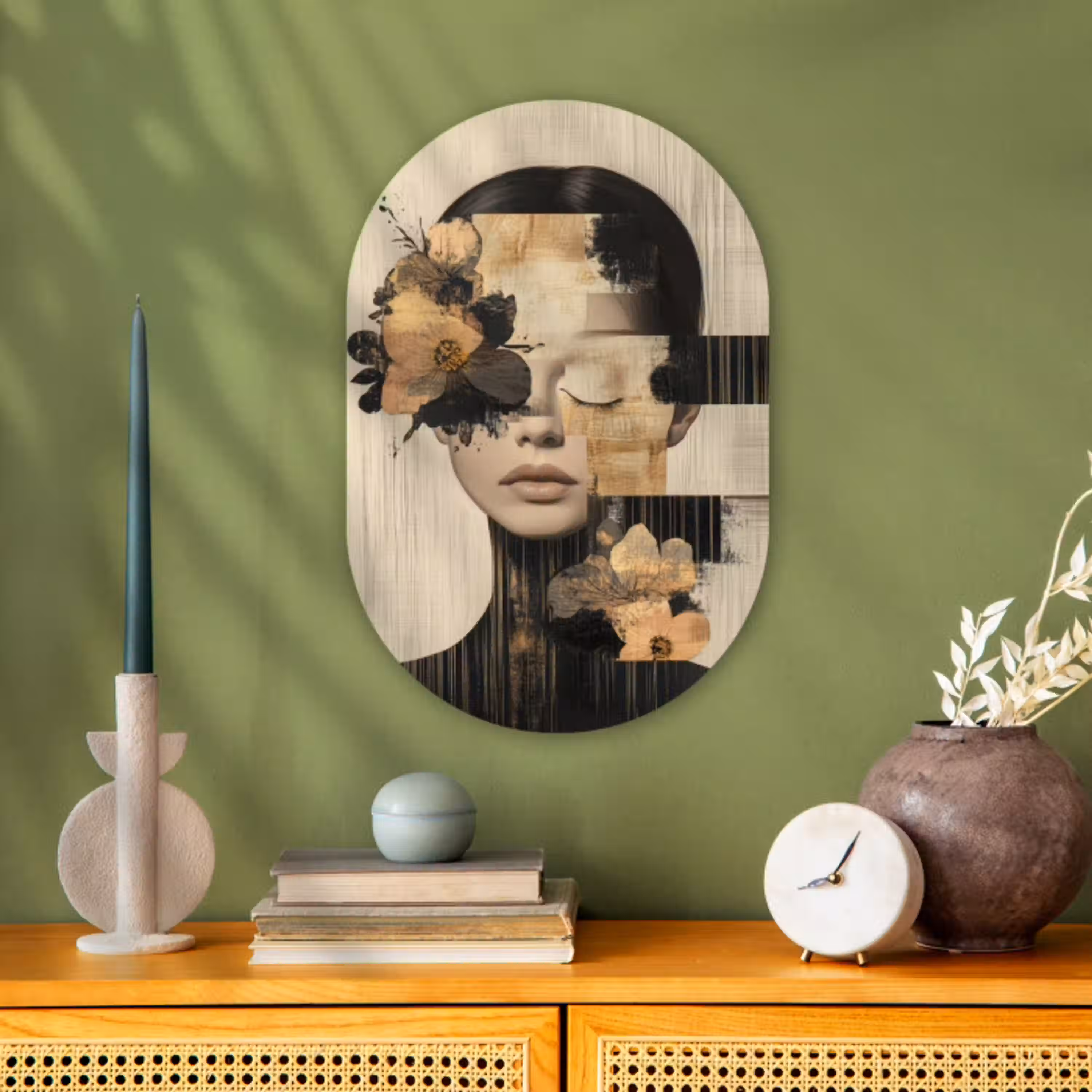 Gezicht - Bloemen - Zwart - Vrouw Wandcirkel Ovaal Forex klein -sfeer2