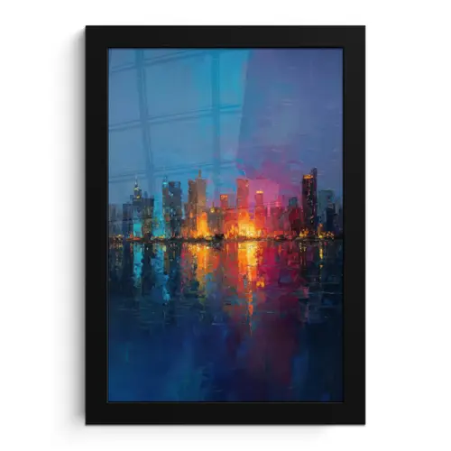 Skyline - Penseelstreken - Donkerblauw - Lichtgevend fotolijst zwart zonder passe partout klein -3d