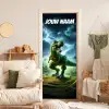Stoere T-rex in jungle met bliksem en de tekst “Deze kamer is van: jouw naam”. deurposter klein -sfeer2