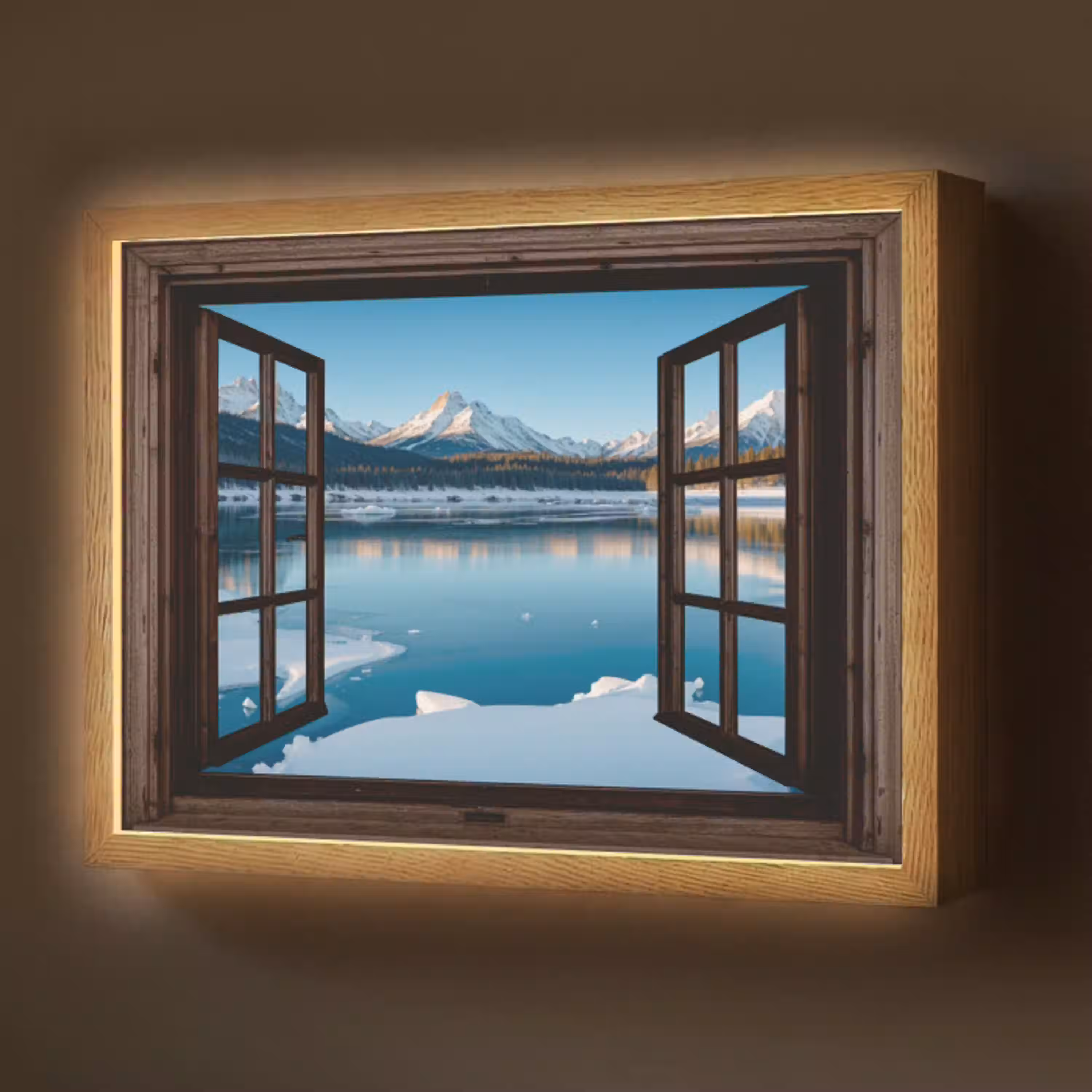 Doorkijk - Winterlandschap - Meer - Bergen - Uitzicht Light Box met batterij (Wandlamp) middel -z3d_website