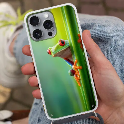 Groene kikker - Nieuwsgierig - Gras Hoesje iPhone 16 Pro Max met koord klein -sfeer3