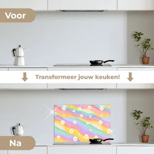Madeliefjes - Kleurrijk - Pastel keuken achterwand spatscherm klein -voor_na_NL