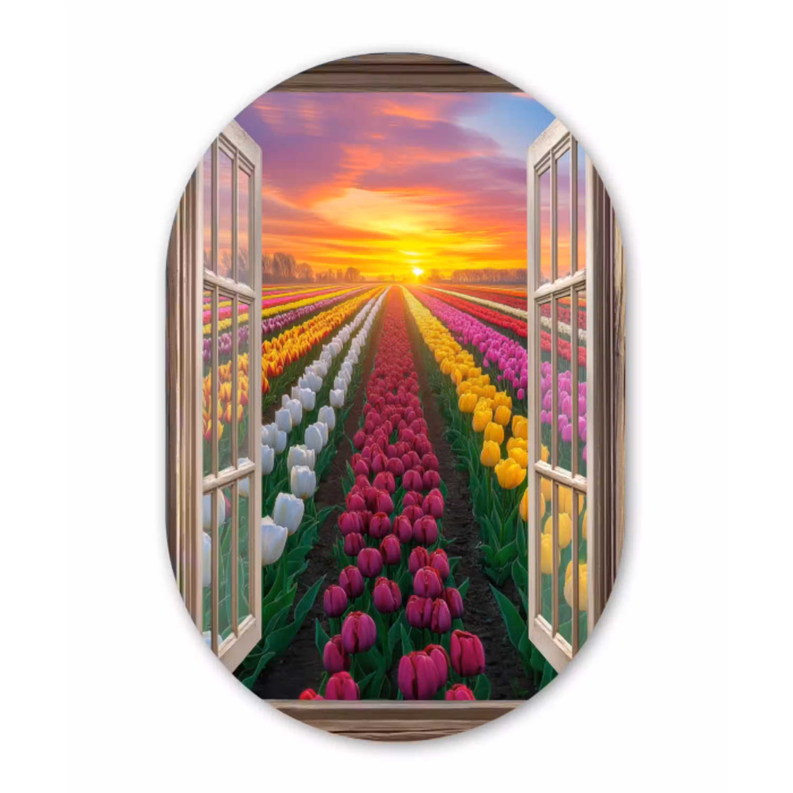 Doorkijk - Bloemen - Tulpen - Kleurrijk - Zonsondergang Wandcirkel Ovaal Aluminium middel -3d