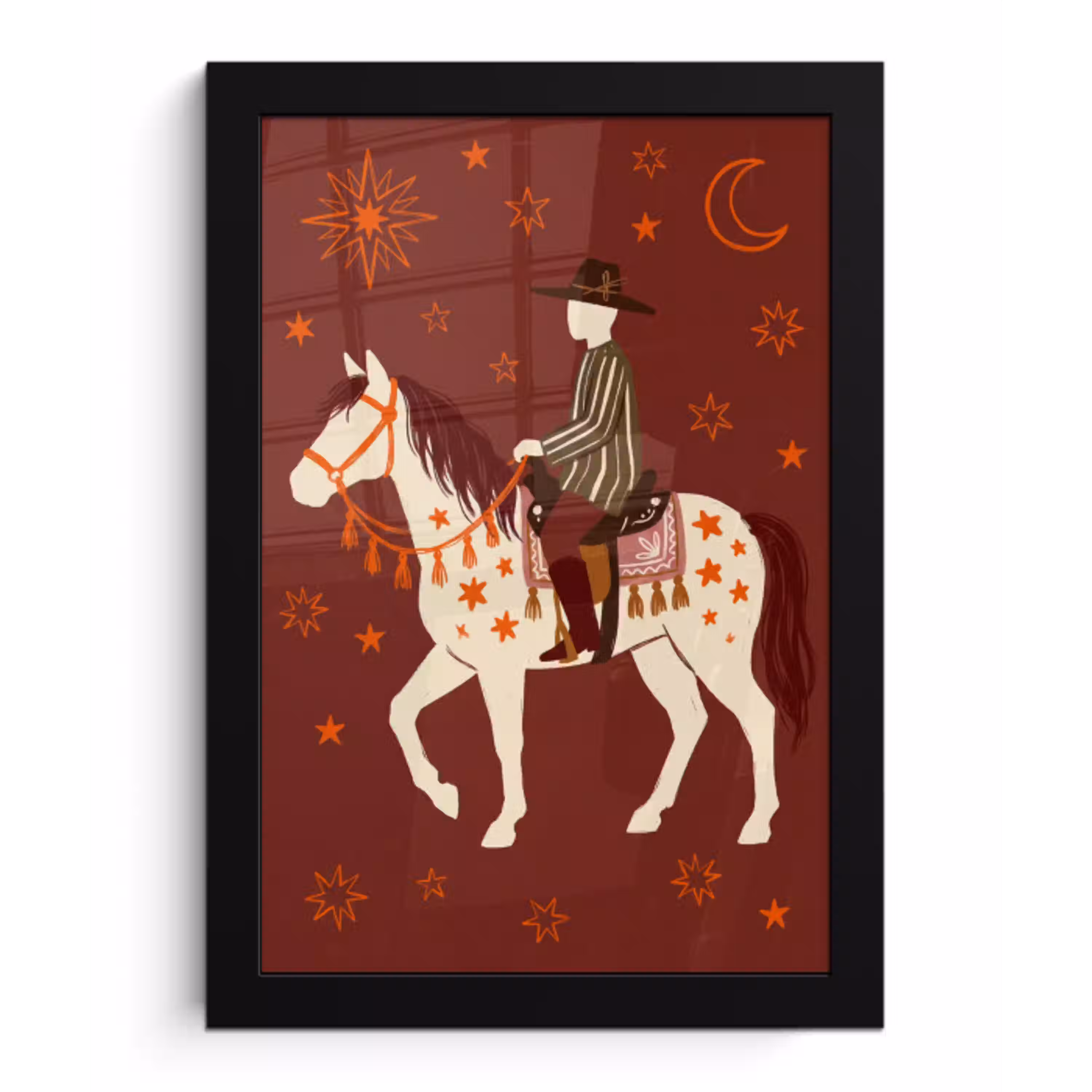 Paard - Ruiter - Sterren - Nacht - Illustratie fotolijst zwart zonder passe partout klein -3d