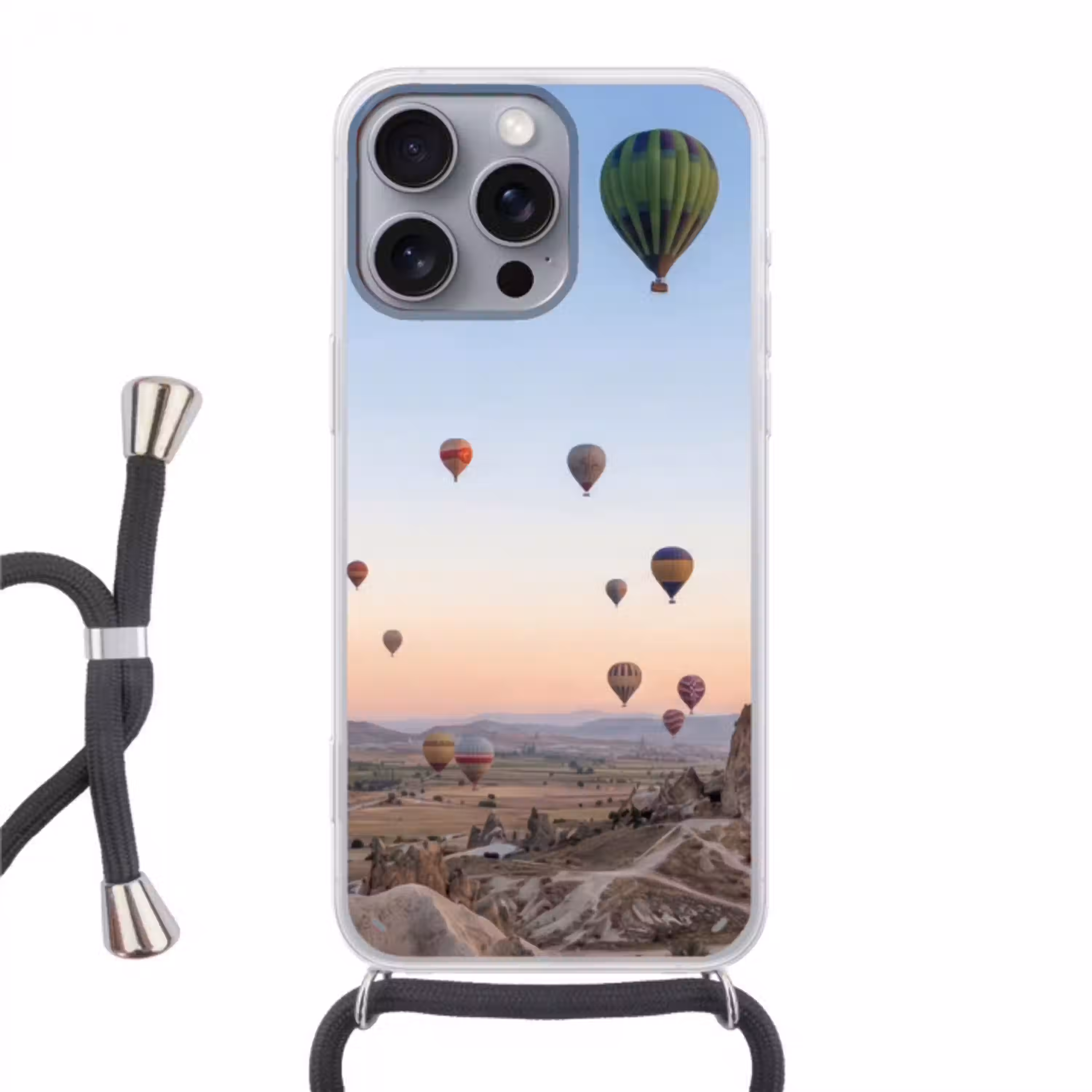 Luchtballonnen - Rotsen - Zonsopgang Hoesje iPhone 16 Pro Max met koord klein -3d