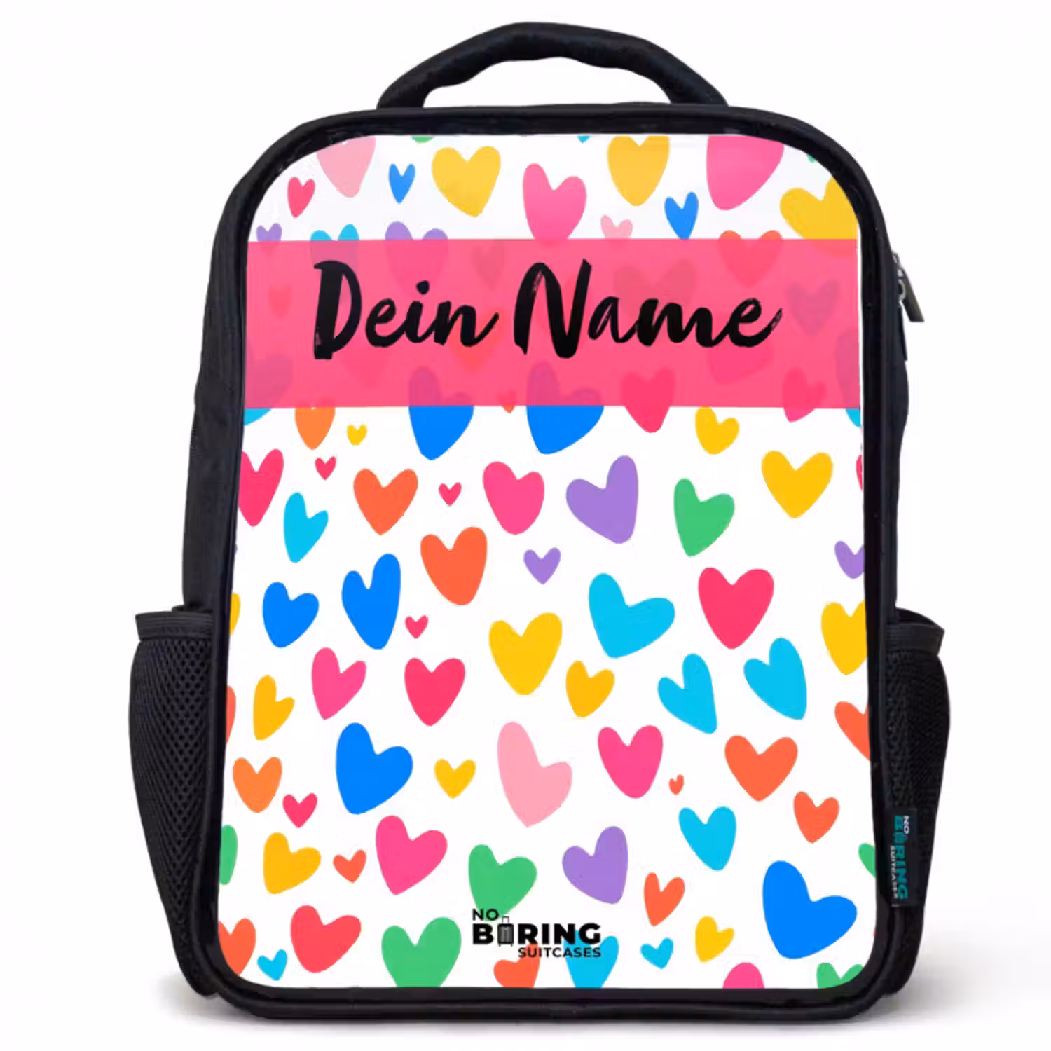 Kinderrucksack mit Namen - Schwarz - Herzen - Bunt - Muster