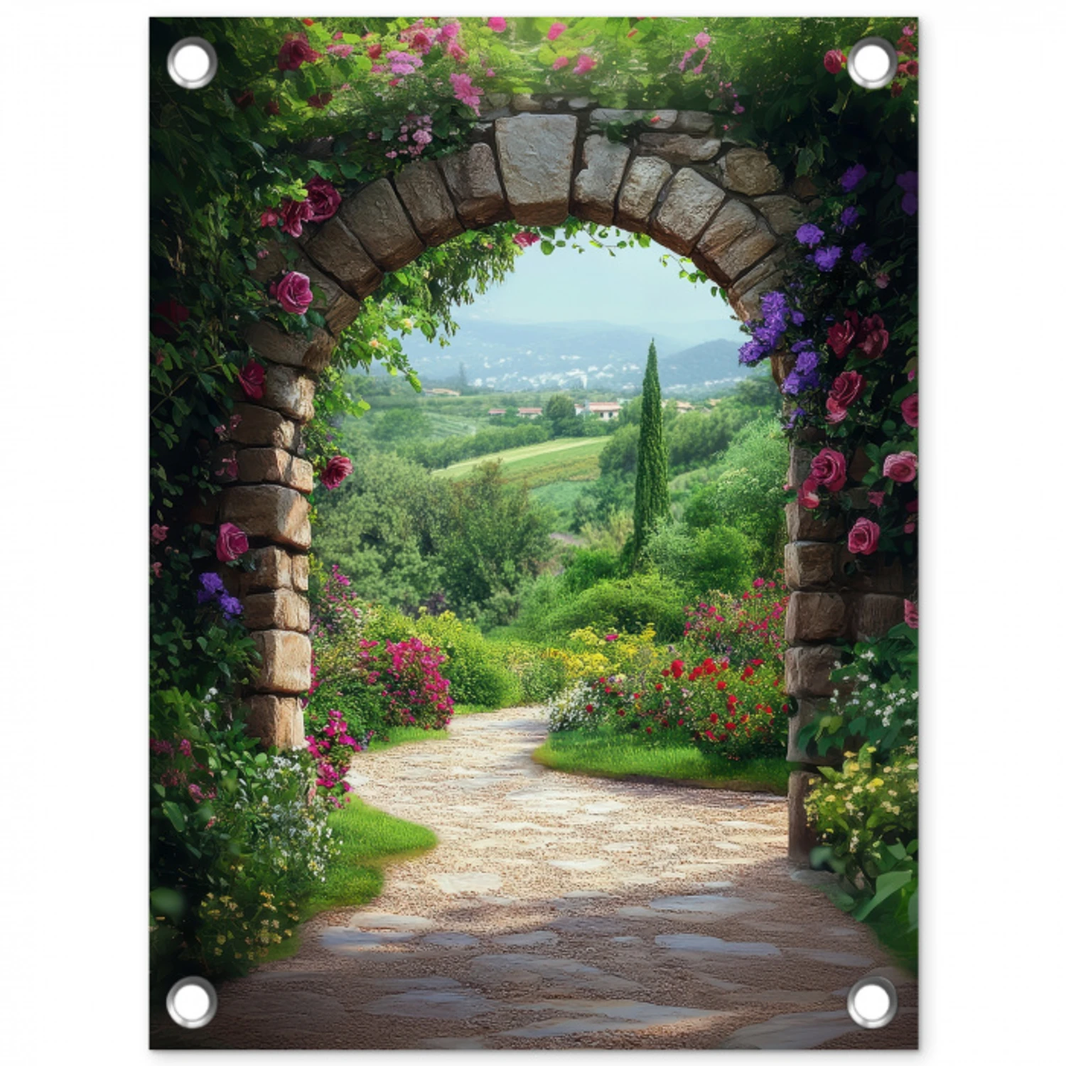Doorkijk - Landschap - Bloemen - Pad - Uitzicht tuinposter los doek klein -3d