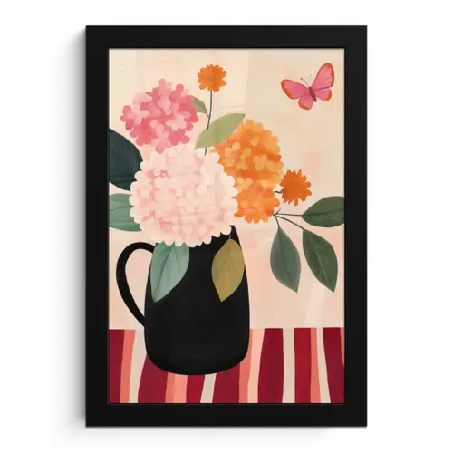 Vaas - Bloemen - Vlinder - Rood fotolijst zwart zonder passe partout klein -3d