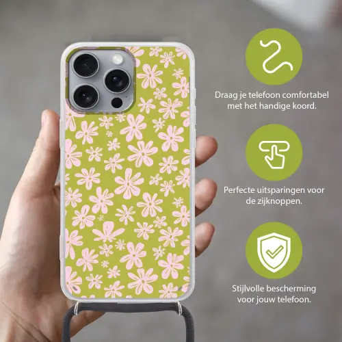 Bloemen - Roze - Getekend - Patroon Hoesje iPhone 16 Pro Max met koord klein -sfeer2_NL