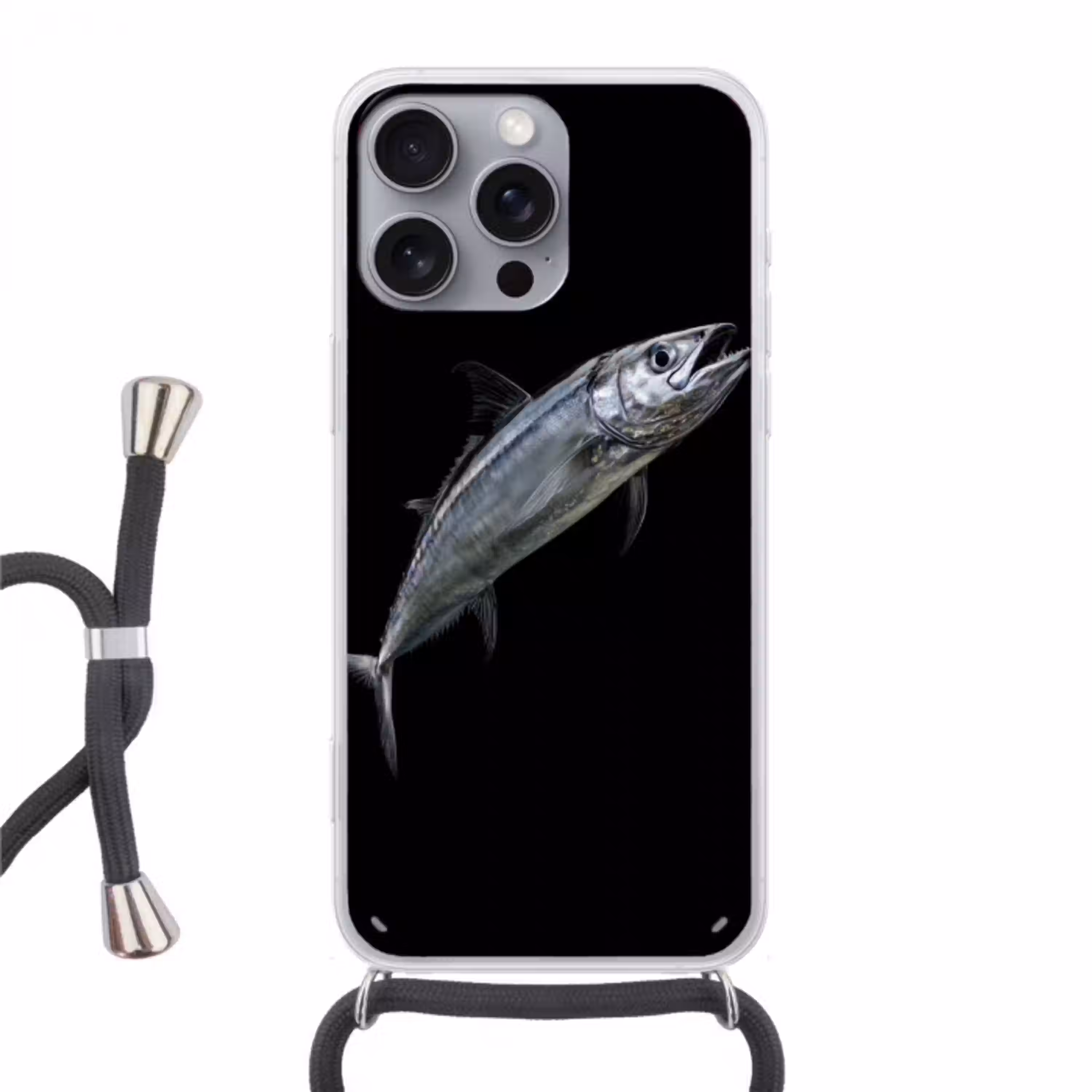 Makreel - Vis - Zwart Hoesje iPhone 16 Pro Max met koord klein -3d