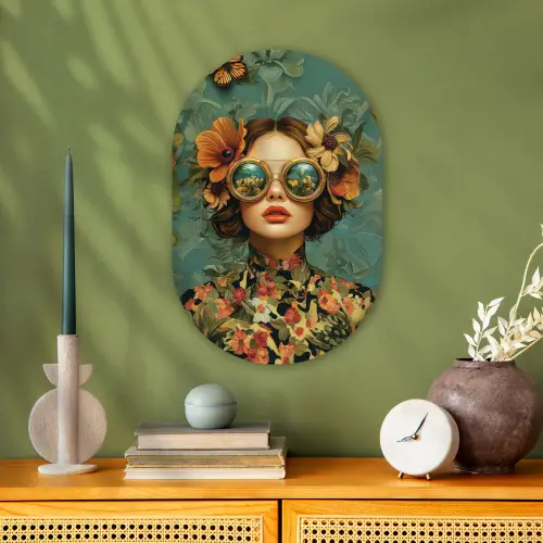 Vrouw - Bloemen - Vlinders - Natuur - Vintage Wandcirkel Ovaal Forex klein -sfeer2