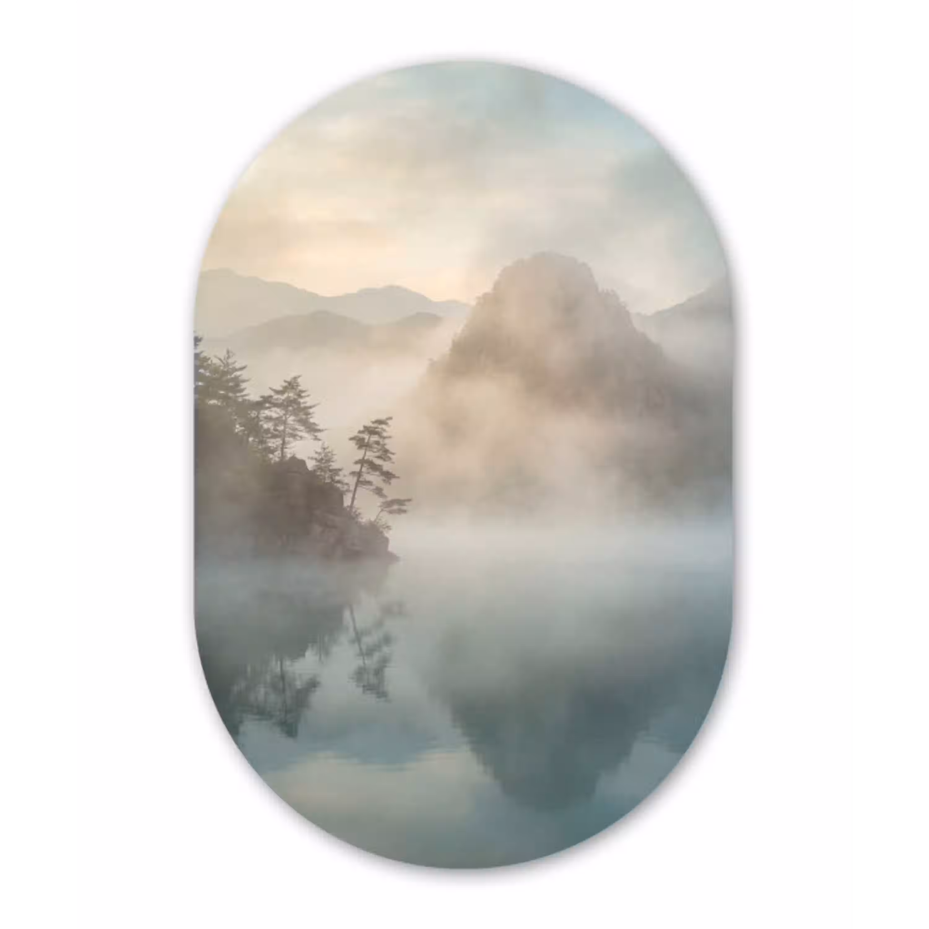 Landschap - Bergen - Mist - Water - Natuur Wandcirkel Ovaal Aluminium middel -3d