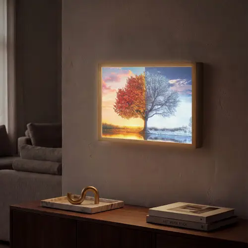 Seizoenen - Kunst - Boom - Herfst - Winter Light Box met batterij (Wandlamp) middel -sfeer1