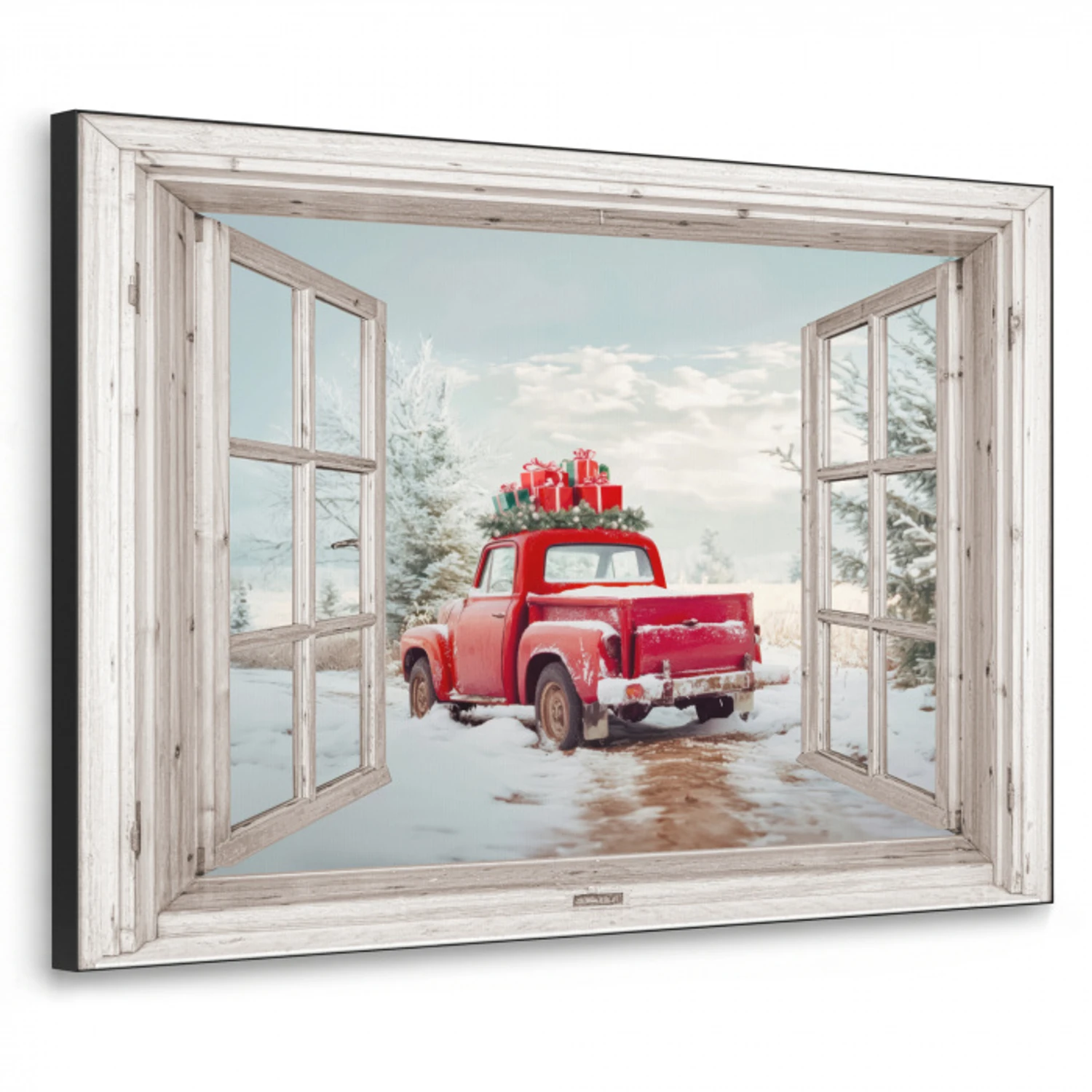 Auto - Rood - Cadeaus - Winter - Kerst - Doorkijk - Wit Textielframe zwart klein -3d