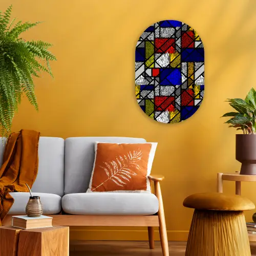 Mondriaan - Glas in lood - Oude Meesters - Kunstwerk - Abstract - Schilderij Wandcirkel Ovaal Forex klein -sfeer4