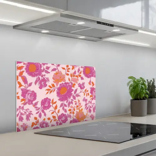 Bloemenpatroon - Roze - Oranje - Bloemen keuken achterwand spatscherm klein -3d_schuin