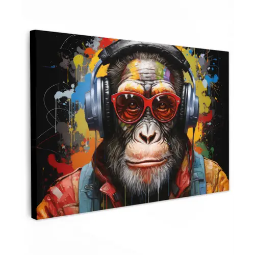 Chimpansee - Aap - dieren - Graffiti - Bril - Koptelefoon - Kleuren canvas 2cm klein -z3d
