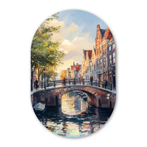 Brug - Stad - Huizen - Boot Wandcirkel Ovaal Forex klein -3d