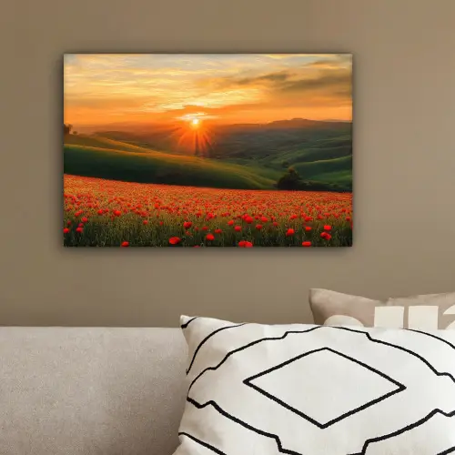 Klaprozen - Bloemen - Heuvels - Zonsondergang canvas 2cm klein -sfeer3