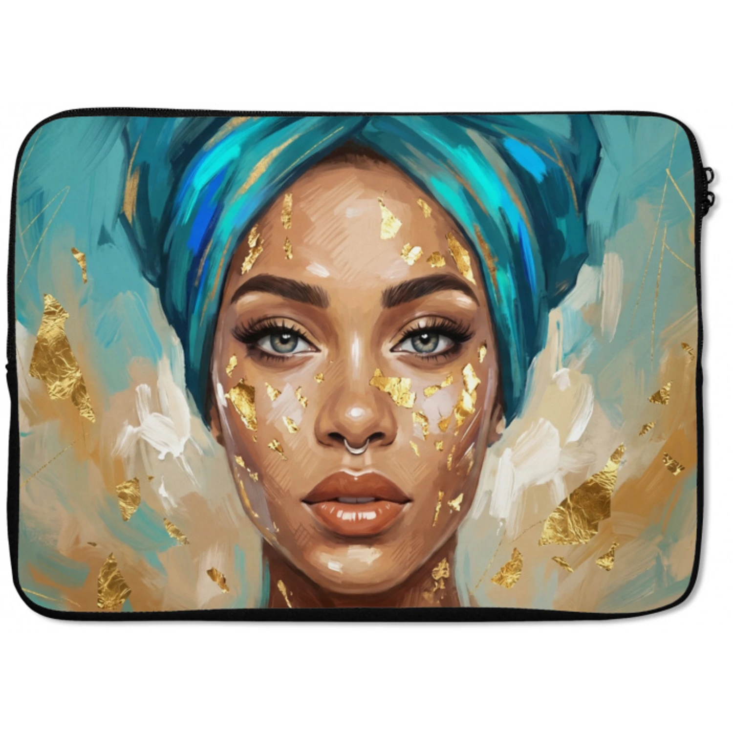 Portret - Vrouw - Schilderij - Blauw - Goud - Expressief laptophoes neopreen klein -zkaufland3dotto