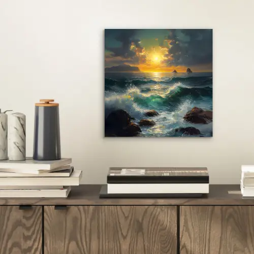 Zee - Zon - Golven - Rotsen aluminium wit klein -sfeer1