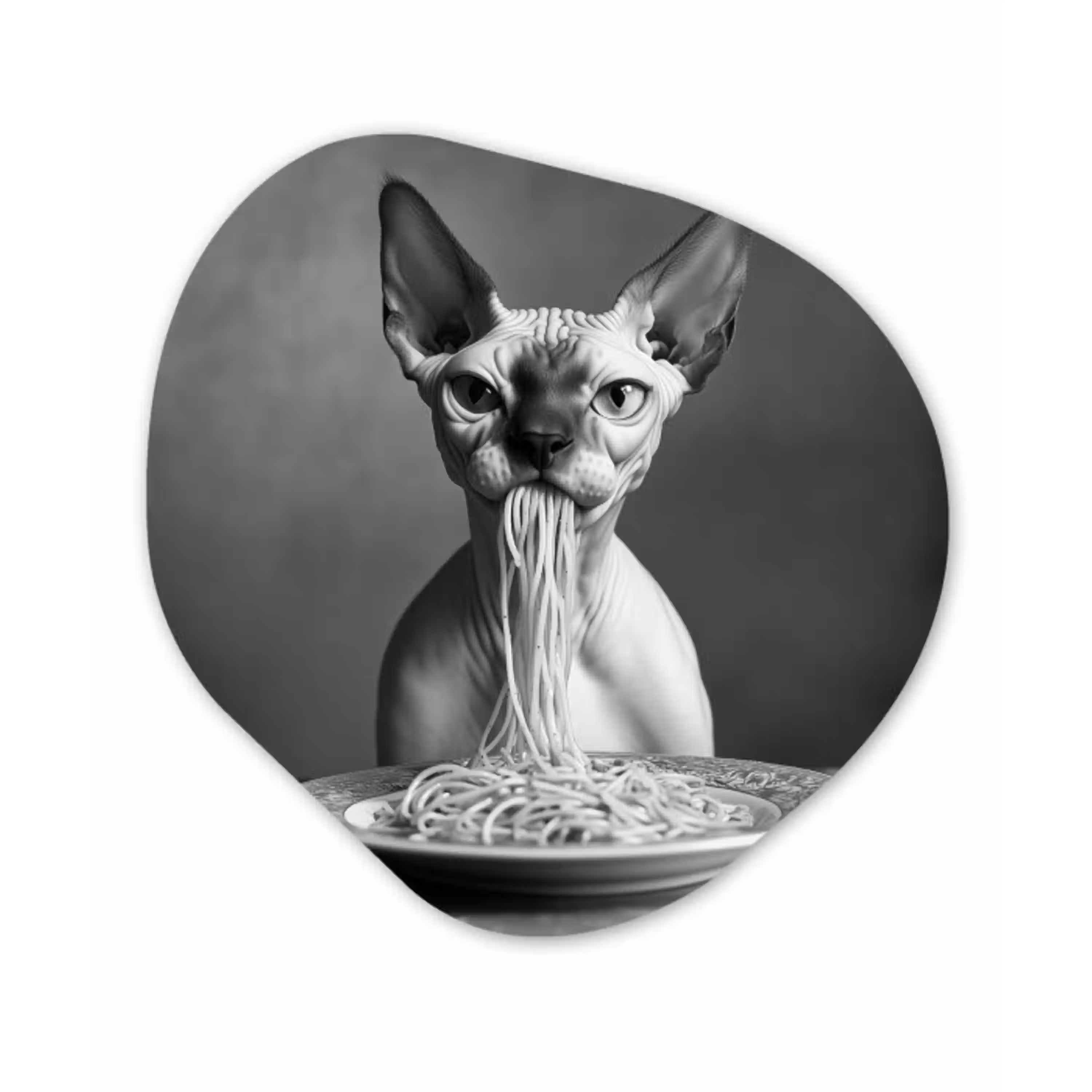 Sphynx - Kat - Dieren - Humor - Spaghetti - Zwart Wit Wandcirkel Organisch Aluminium middel -3d