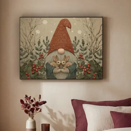 Kerstgnome - Konijntjes - Kleurrijk Textielframe zwart klein -sfeer1