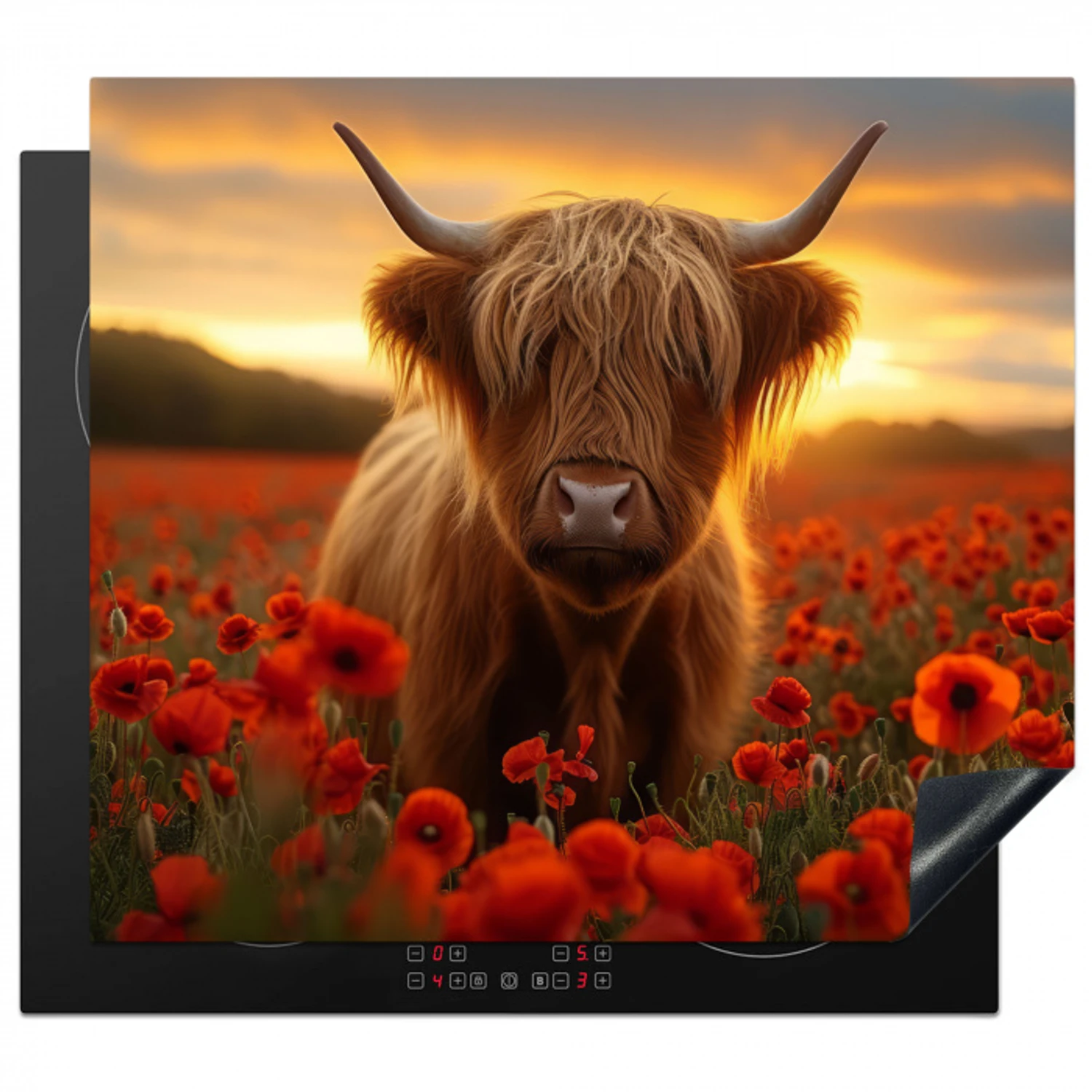 Schotse hooglander - Rozen - Bloemenveld - Zonsondergang Inductie beschermer vinyl 3mm middel -3d