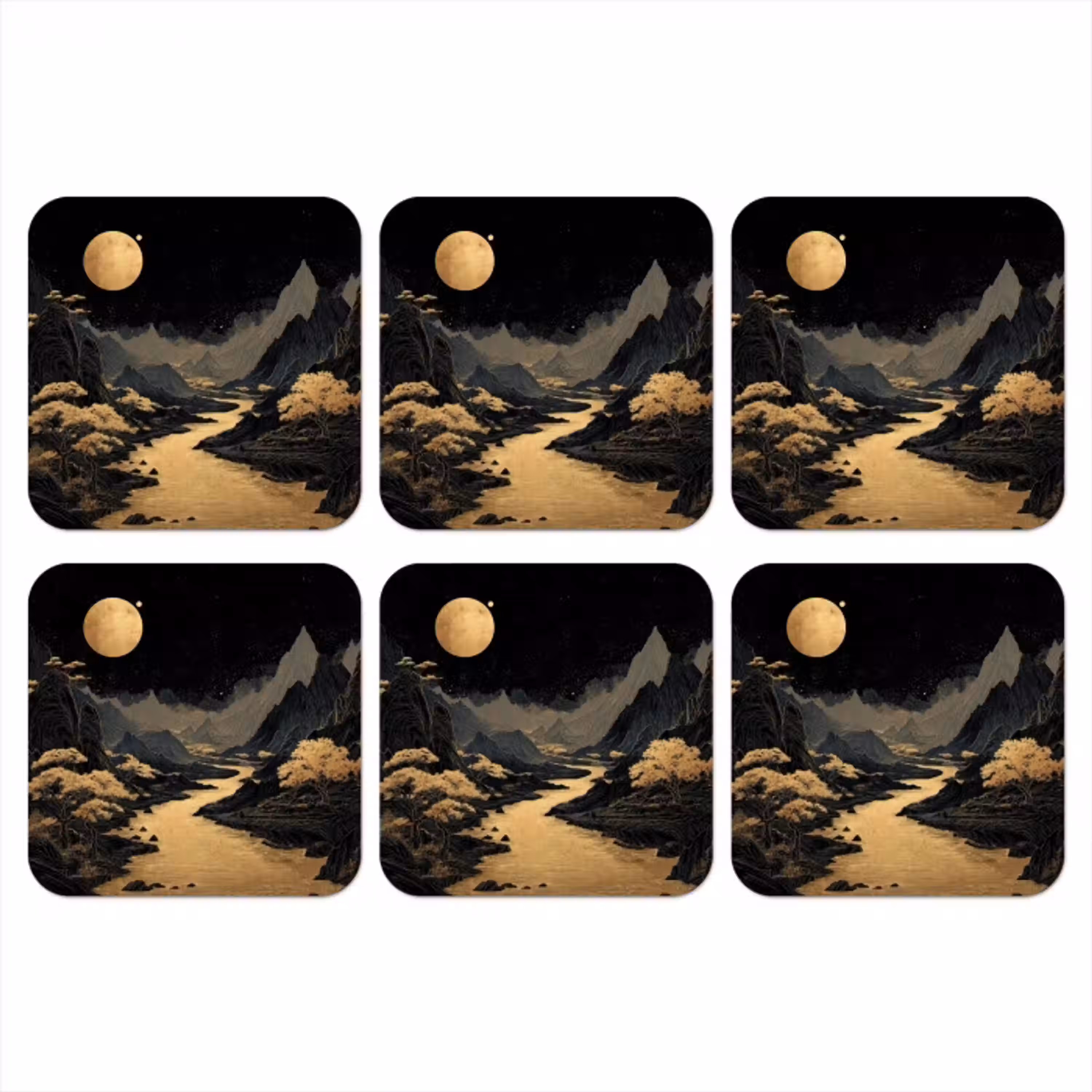 Gouden rivier - Bergen - Maan - Sterrenhemel onderzetter kurk middel -3d