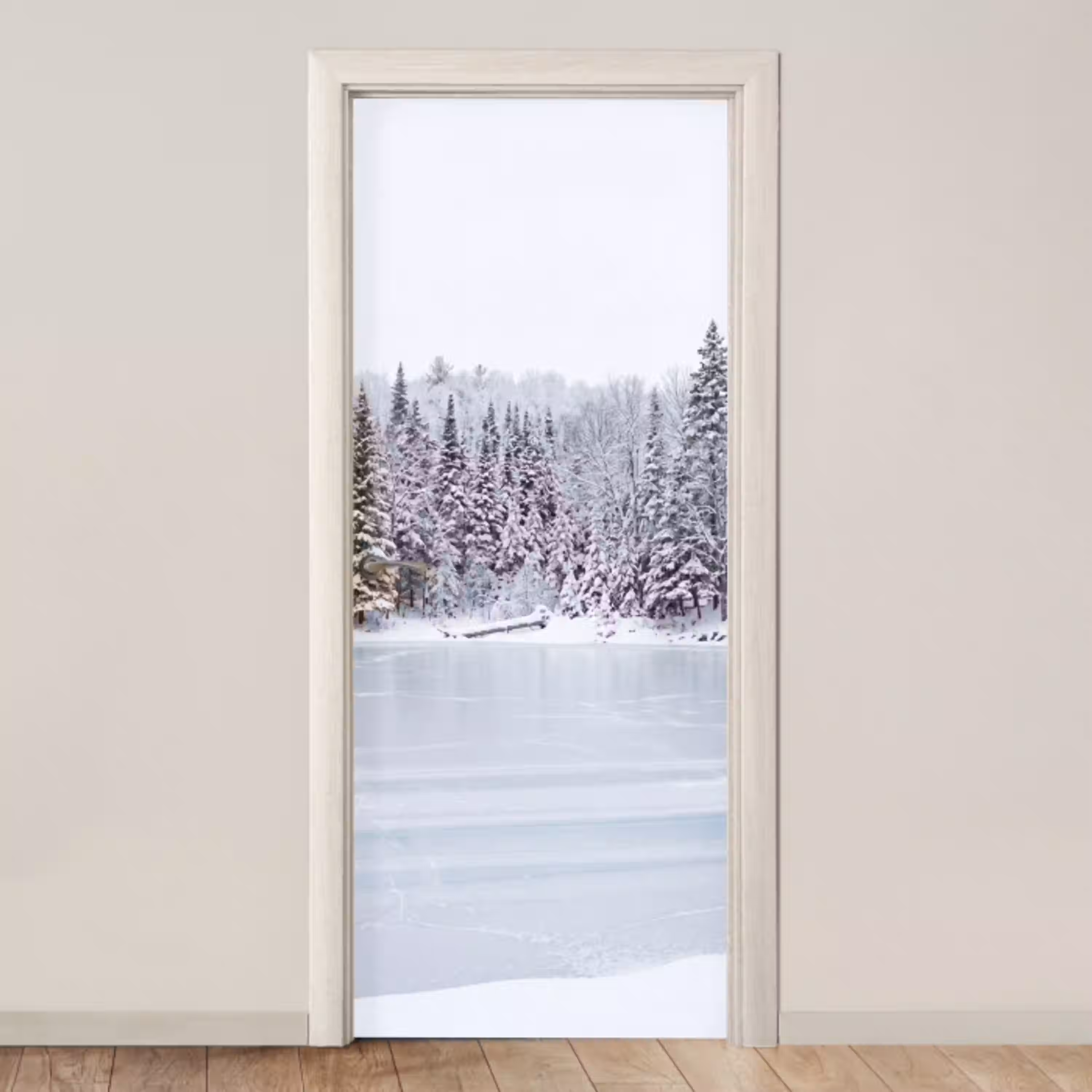 Meer - Dennen - IJs - Winter - Rustgevend deurposter klein -3d_beige