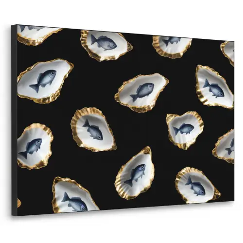 Oesters - Vissen - Blauw - Goud Textielframe - compleet frame klein -3d