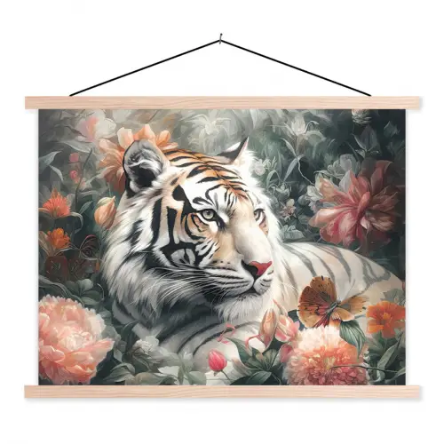 Tijger - Wilde dieren - Bloemen - Jungle textielposter latten blank klein -3d