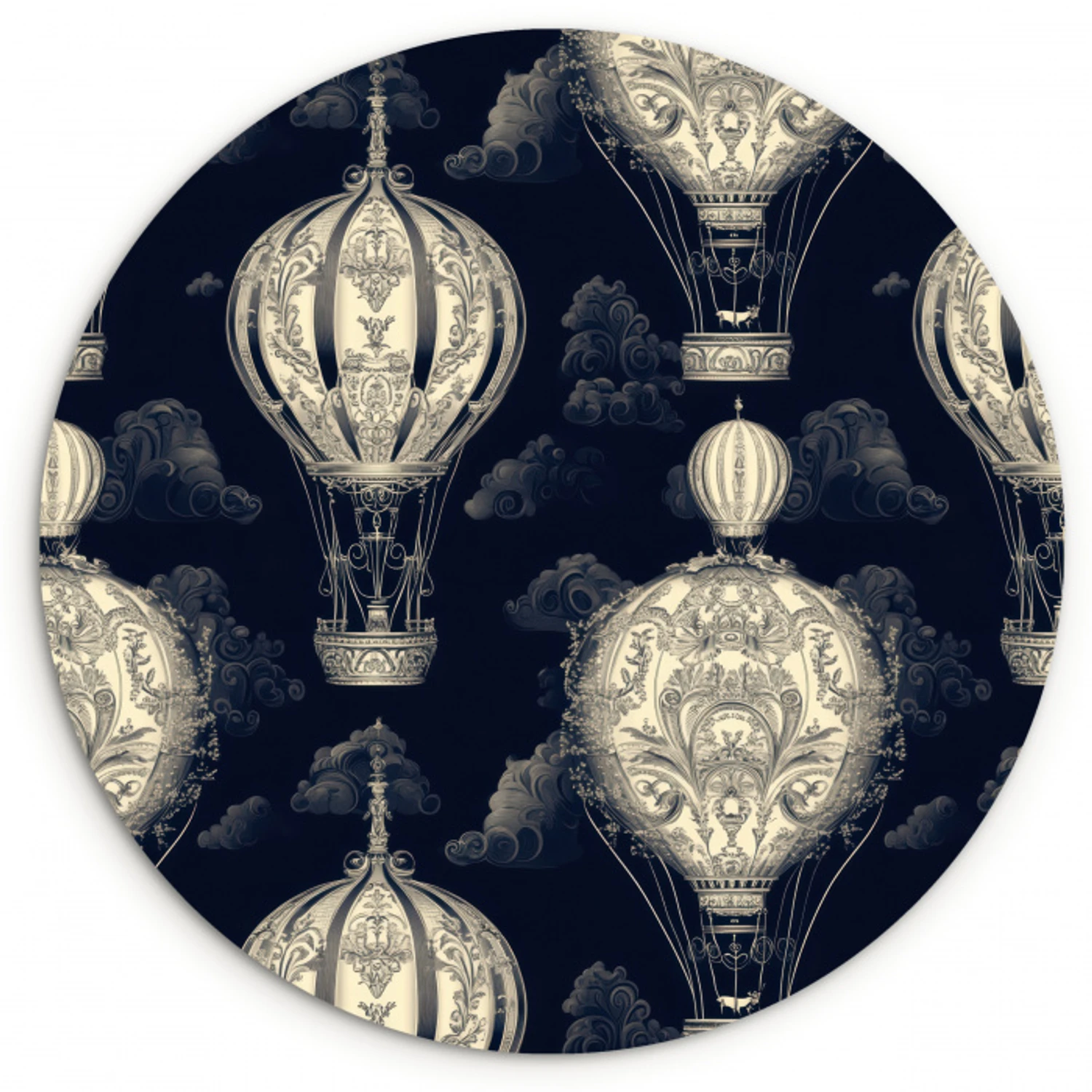 Luchtballonnen - Wolken - Patroon - Donkerblauw Wandcirkel kunststof plaat 5mm dik klein 188 -3d
