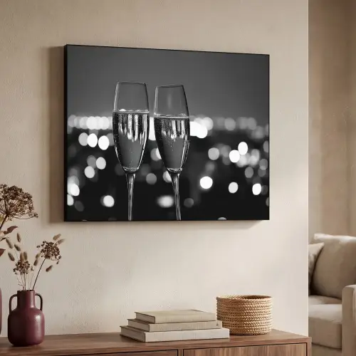 Bubbels - Proosten - Champagneglazen - Stadslichten Textielframe zwart klein -sfeer3