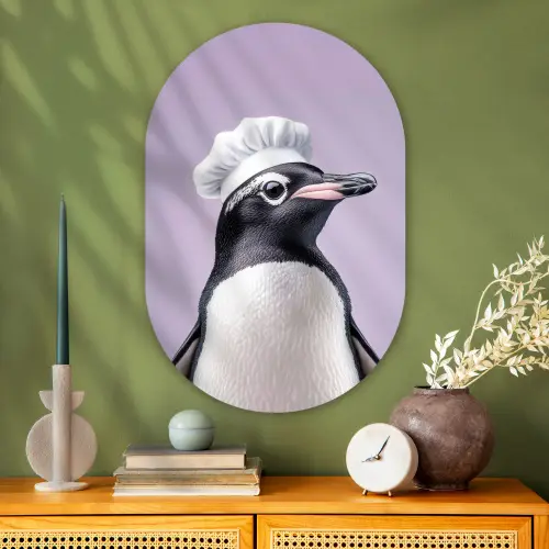 Pinguïn - Koksmuts - Lief - Paars Wandcirkel Ovaal Glas middel -sfeer2
