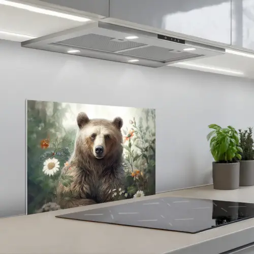 Bruine beer - Wilde dieren - Bloemen - Planten keuken achterwand spatscherm klein -3d_schuin