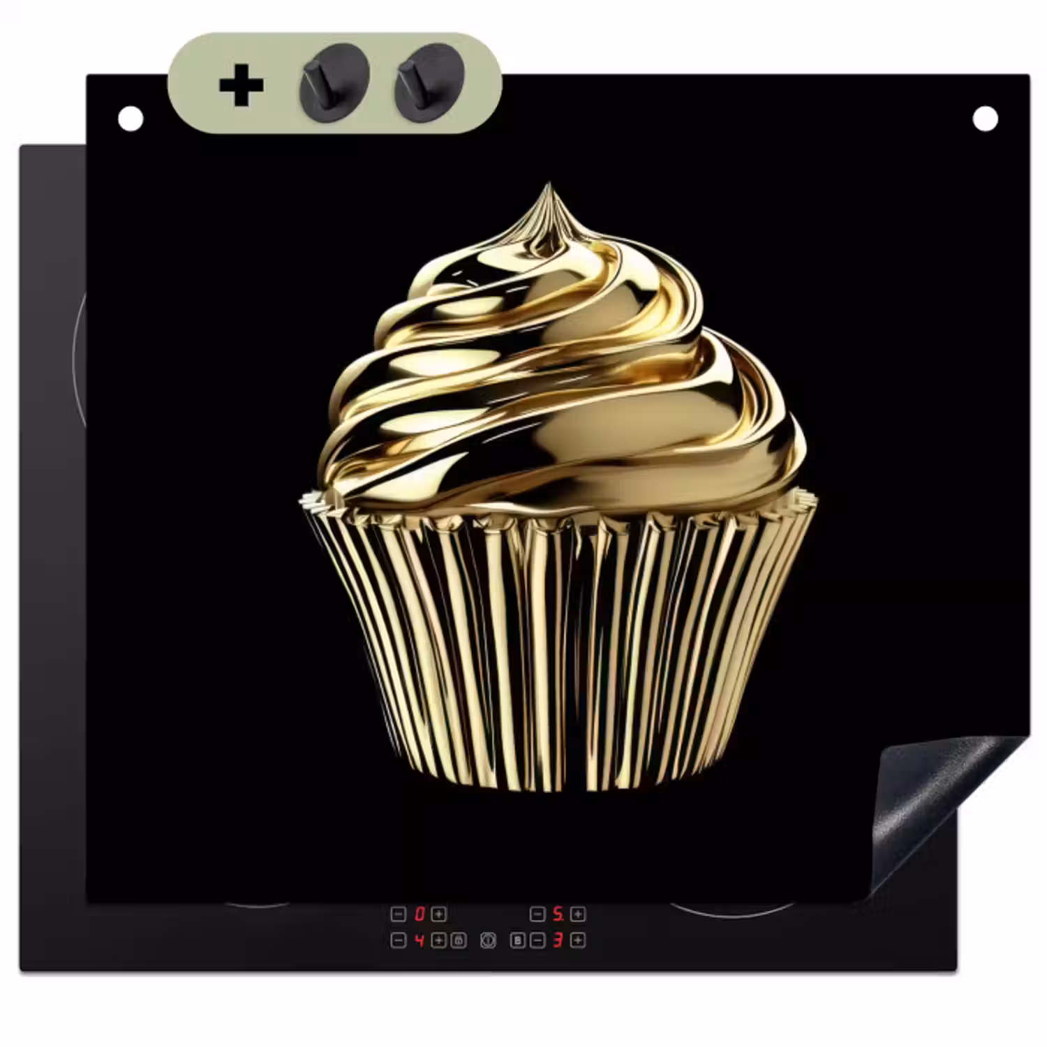 Inductie beschermer en spatscherm (2in1) - Cupcake - Eten - Goud - Zwart
