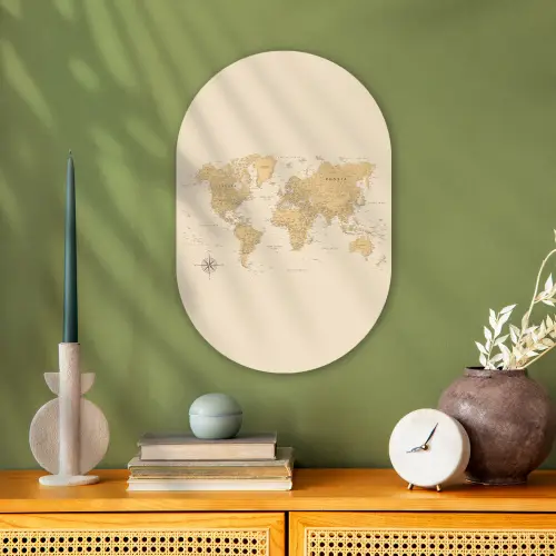 Wereldkaart - Realistisch - Beige Wandcirkel Ovaal Forex klein -sfeer2