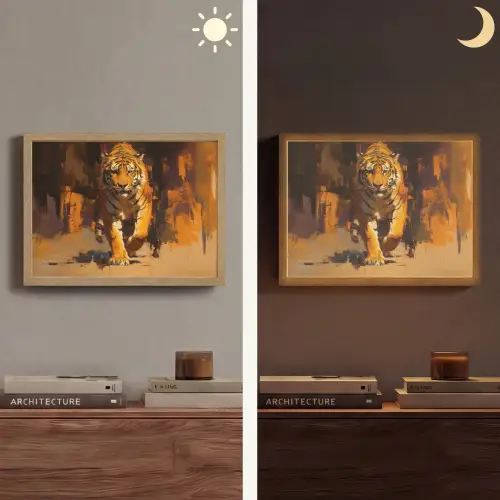 Tijger - Geschilderd - Oranje - Penseelstreken Light Box met batterij (Wandlamp) middel -sfeer3