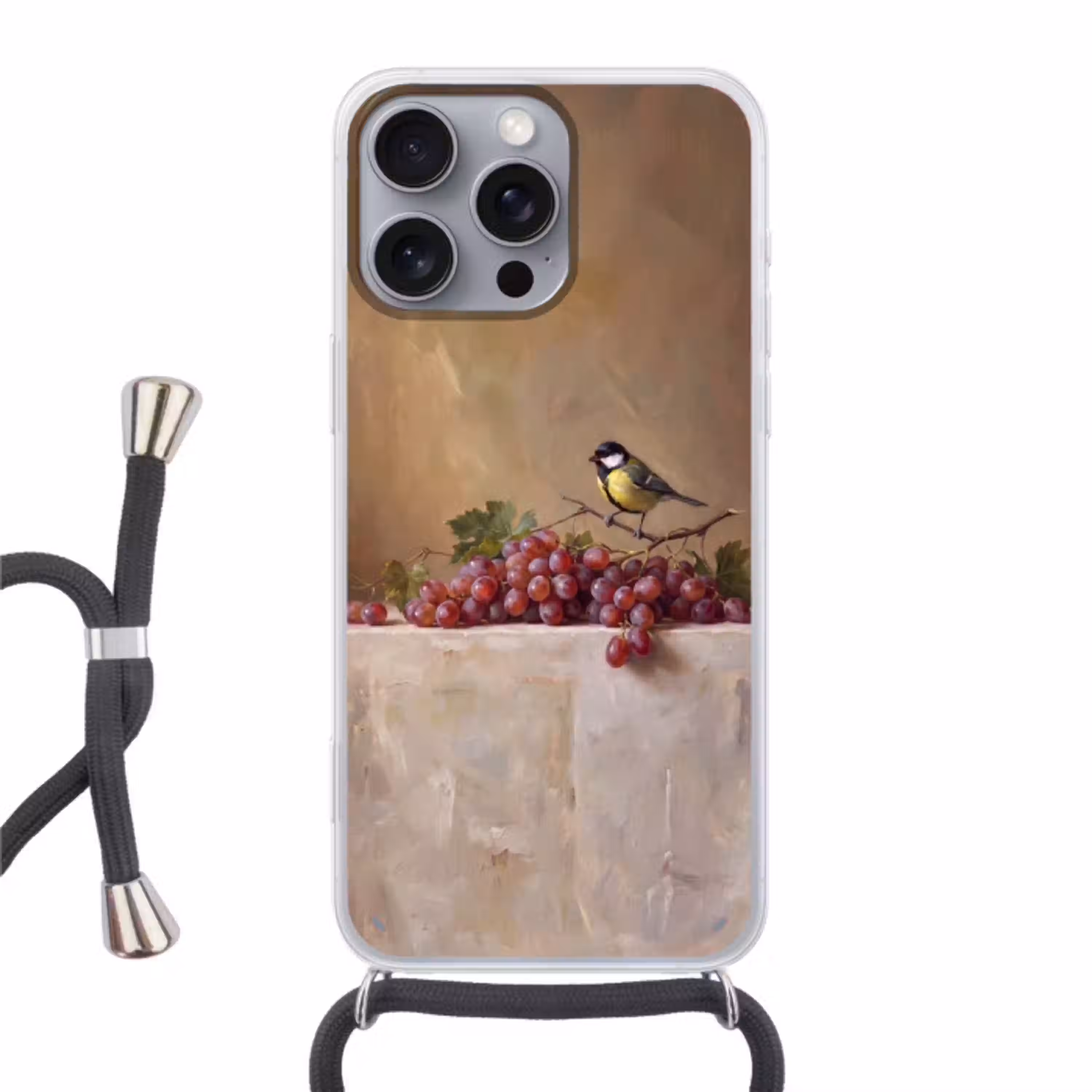 Vogel - Druiven - Stilleven Hoesje iPhone 16 Pro Max met koord klein -3d
