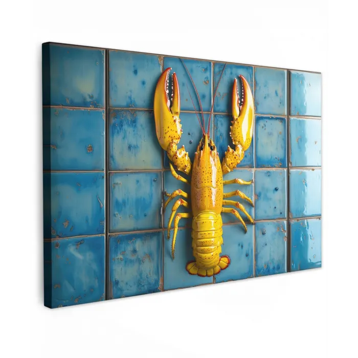 Kreeft - Geel - Blauw - Tegels Tuinposter op houten frame 2 cm dik klein -3d