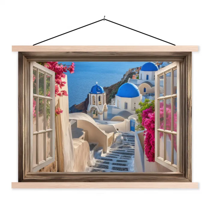 Doorkijk - Santorini - Landschap - Blauw - Grieks textielposter latten blank klein -3d