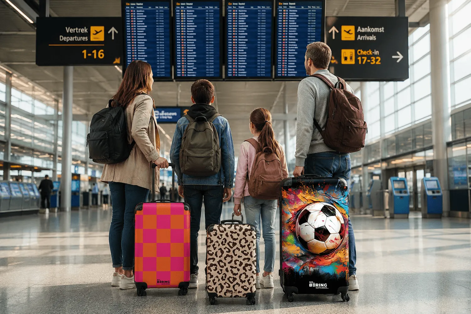 family with different sizes suitcases