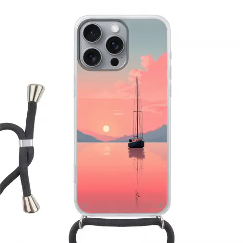Zeilboot - Roze zee - Zonsondergang - Bergen Hoesje iPhone 16 Pro Max met koord klein -3d