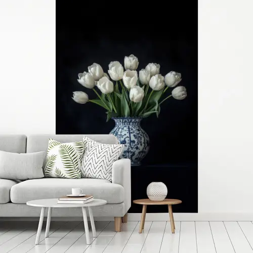 Wit - Bloemen - Tulpen - Vaas fotobehang vinyl groot -woonkamer
